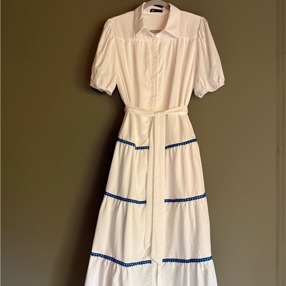 Elegant White Dress with Blue Accents